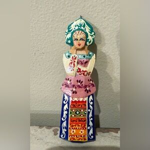 Vintage Russian Lady Hand Painted Wooden Ornament - Russian Folk Art
